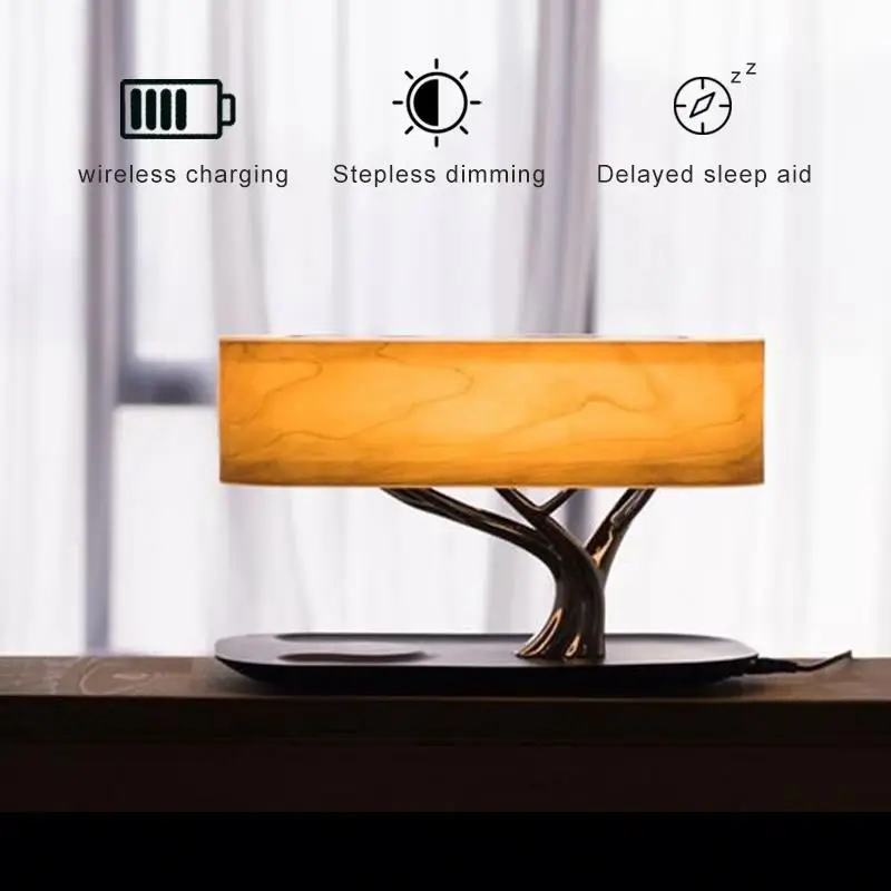 Lampu meja Hometree multifungsi, lampu meja kamar tidur kayu dengan Speaker, lampu malam pengisian daya nirkabel