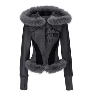 Gothic Faux Fur Collar Hooded Coat Grey Black Spider Line Pattern Letter Print Figure Contouring Cropped Zip Up Aesthetic Piece