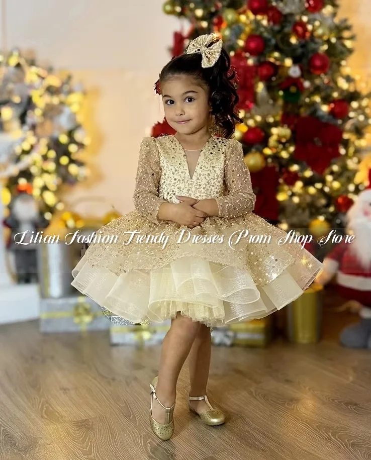 

Luxury Princess Flower Girl Dresses Sparkling Inlaid Sequins Applique Mini Quinceanera Dresses Birthday vestidos Customised