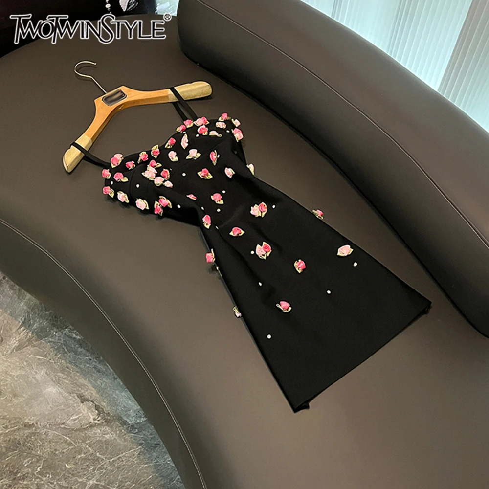 

TWOTWINSTYLE Spliced Appliques Cute Dresses For Women Square Collar Sleeveless Backless High Waist Chic Dress Female KDR540717