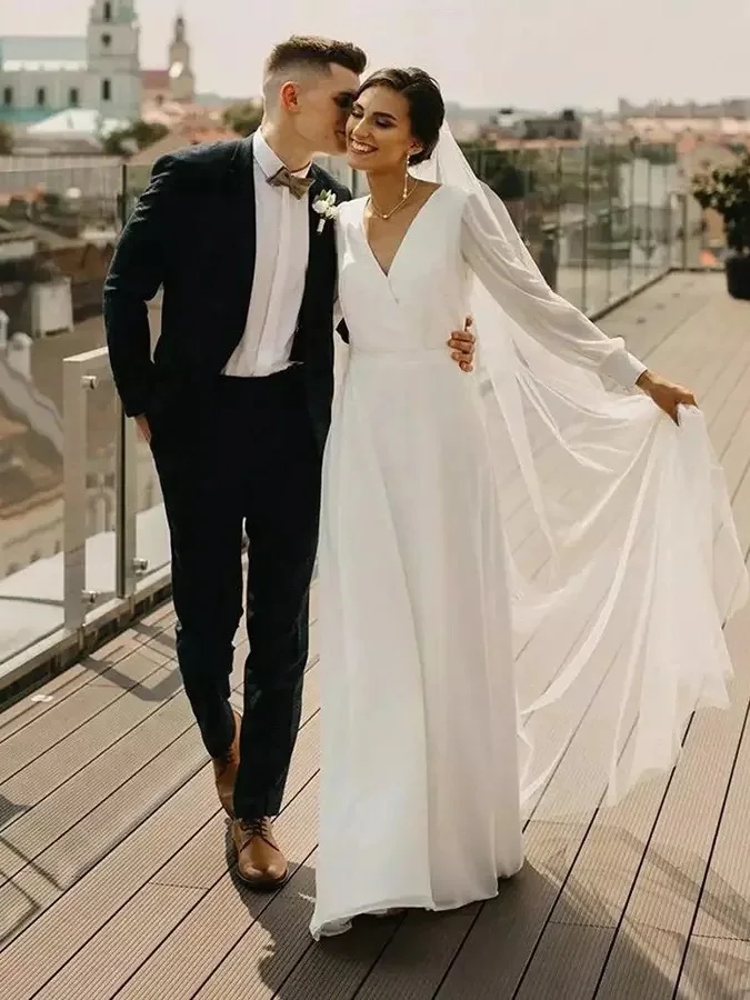 Ele V-Ne Long Sve Chiffon Wedding Dr Simple A-Line Travel Photoaphy Lichtgewicht sluier Koreaanse Sle mid-taille zijde