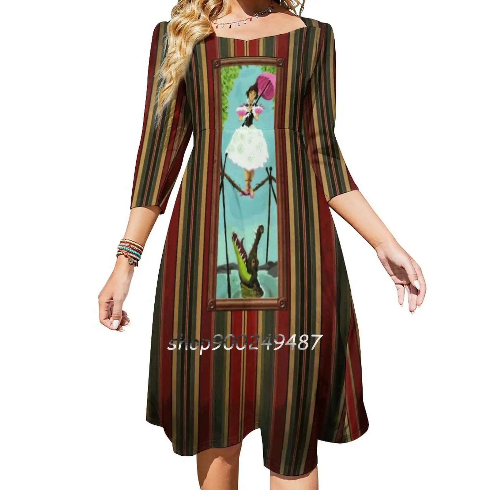 Tightrope Girl Flare Dress Square Neck Dress Elegant Female Fashion Printed Dress Haunted Mansion Land Hm Tightrope Girl