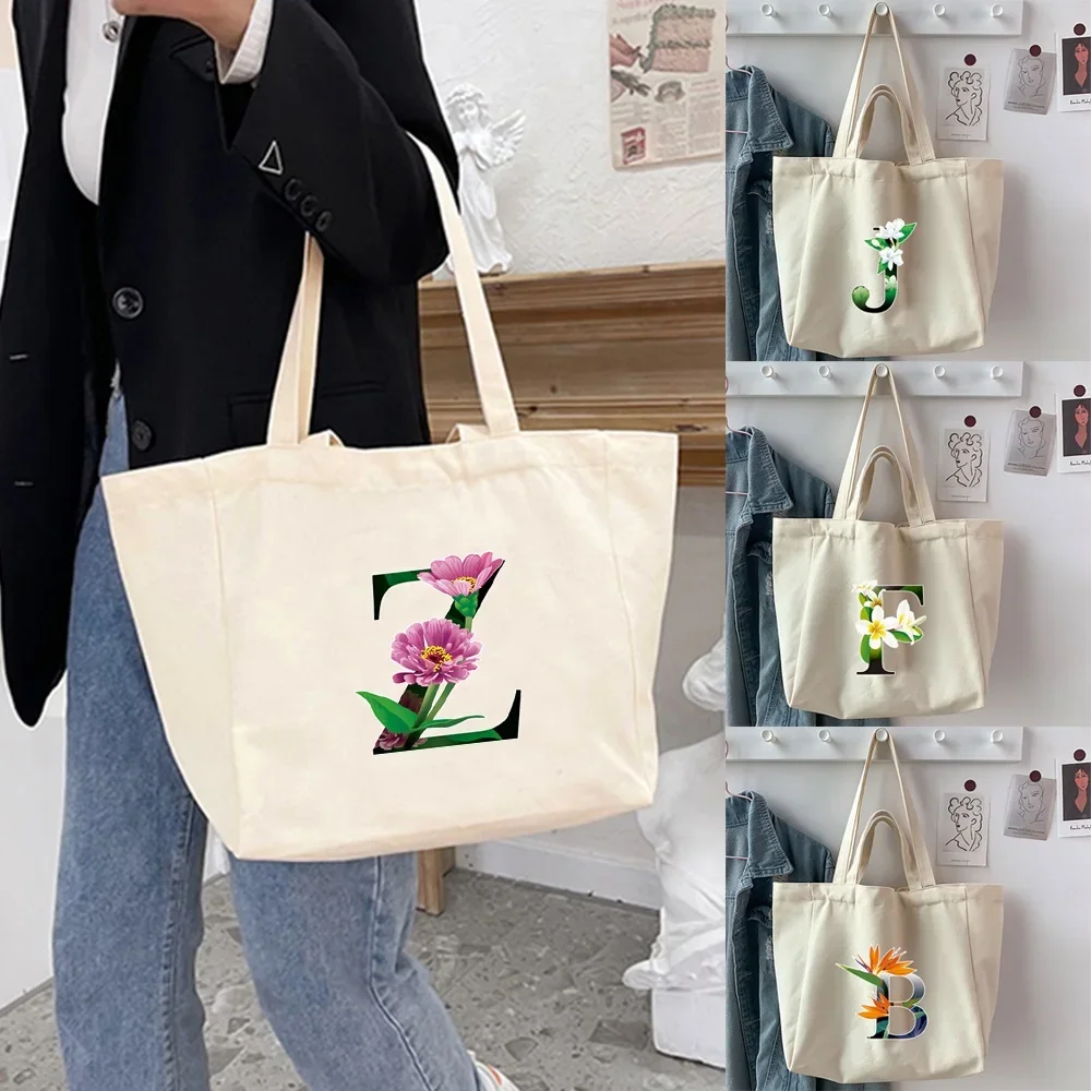 

Women Canvas Shoulder Bag Flower Color 26 Letter Name Print Casual Handbag Tote Bag Reusable Large Capacity Shopping Beach Bag