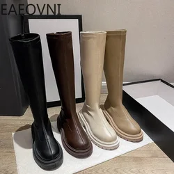 en cuir souple pour femme, bottes longues à talons plats, de haute qualité, décontractées, hauteur des genoux, collection automne et hiver