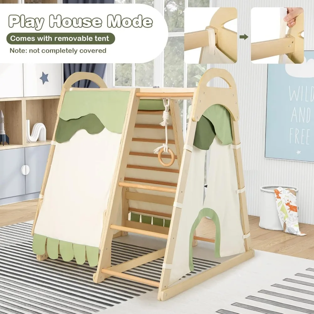 مجموعة لعب مونتيسوري الخشبية 7 في 1 للأطفال: متسلق داخلي مع ميزات الخيمة والانزلاق والتسلق