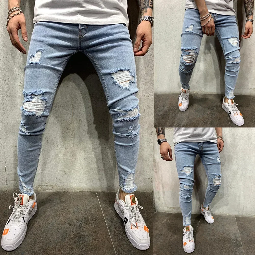 

Punk Street Ripped Skinny Jeans Men Vintage Wash Solid Denim Trouser Mens Casual Slim Fit Pencil Denim Holes out Pants 2024