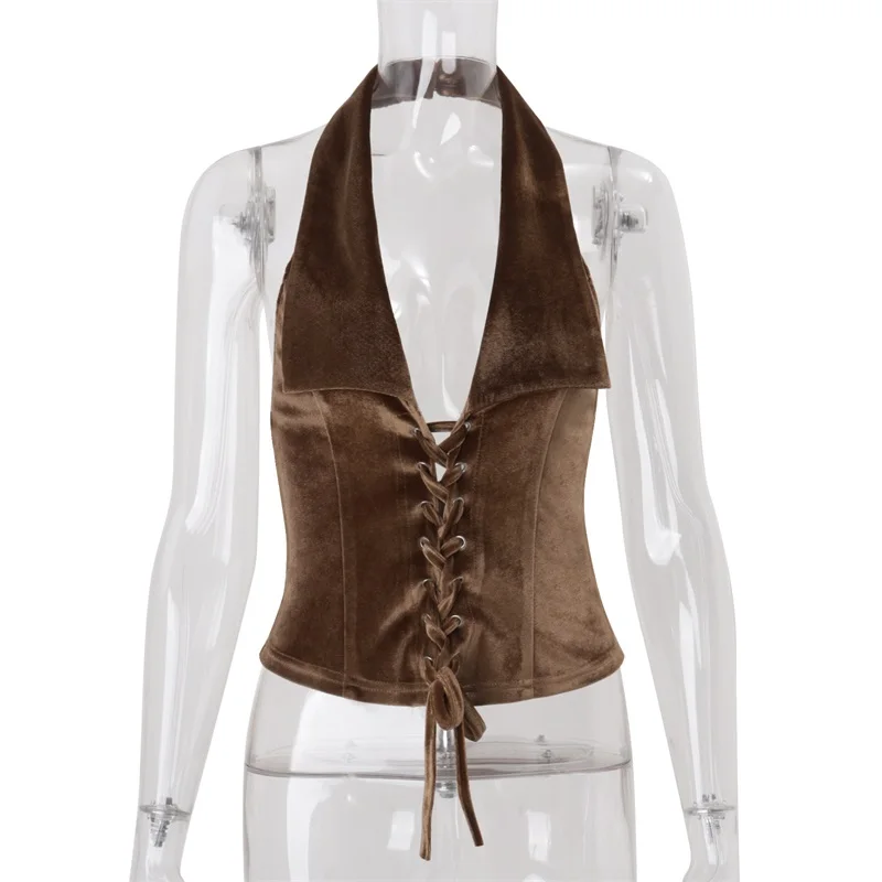 مثير زغب الرسن المرأة ضمادة سترة عارية الذراعين الخصر البنطال القصير البني والأحمر الشتاء ملابس خارجية 2025 شتاء جديد النمط الأمريكي