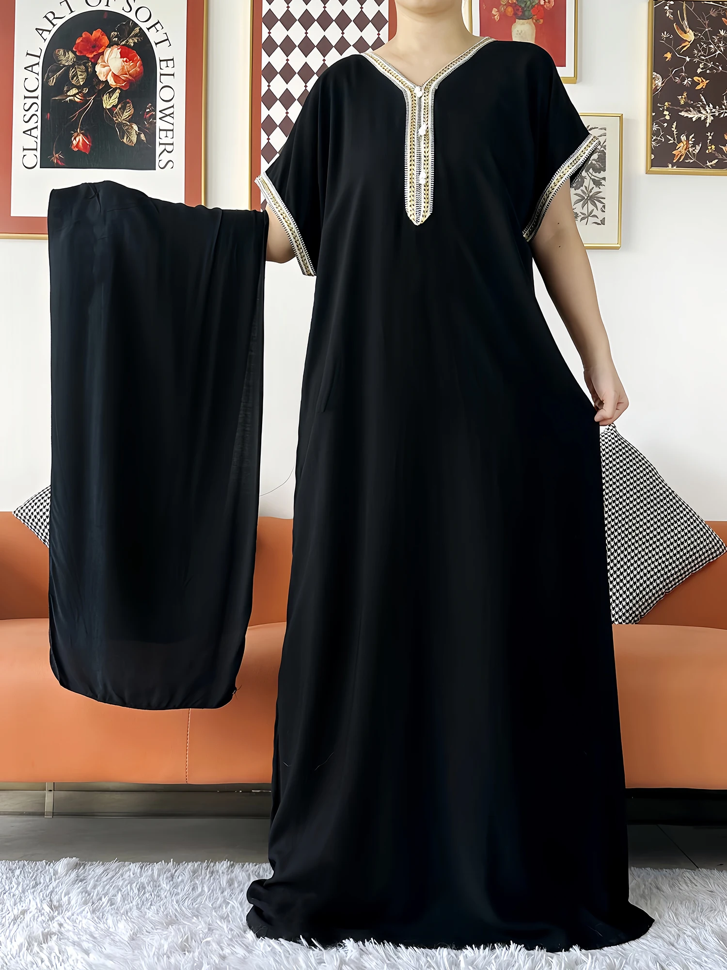 2024 Muslim Caftan Traditional short sleeve Dress Solid Cotton kaftan Beach Summer Abaya African dresses for women