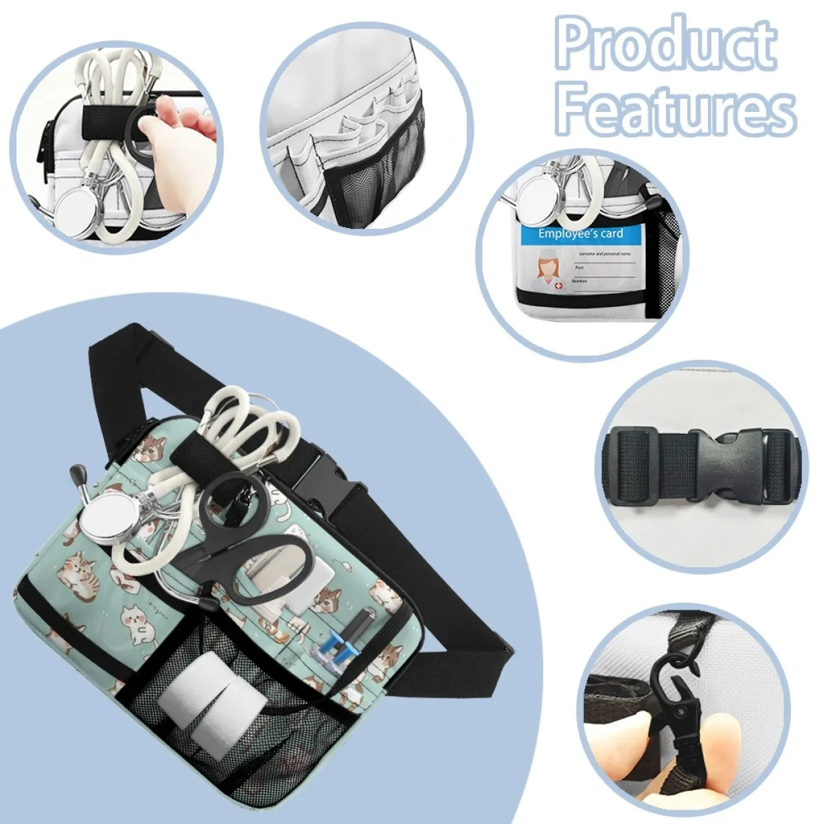 Enfermeira Fanny Pack Suporte de ferramentas médicas, Bolsa organizadora para estetoscópios Bandage Scissor, Design bonito do gato dos desenhos animados, enfermeira casual, navio da gota