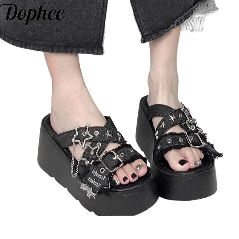 

Dophee Original Spice Girls Punk Subculture Thick Soled Slippers All-match Summer Denim Rivet Sandal Exposed Toe Women Shoes