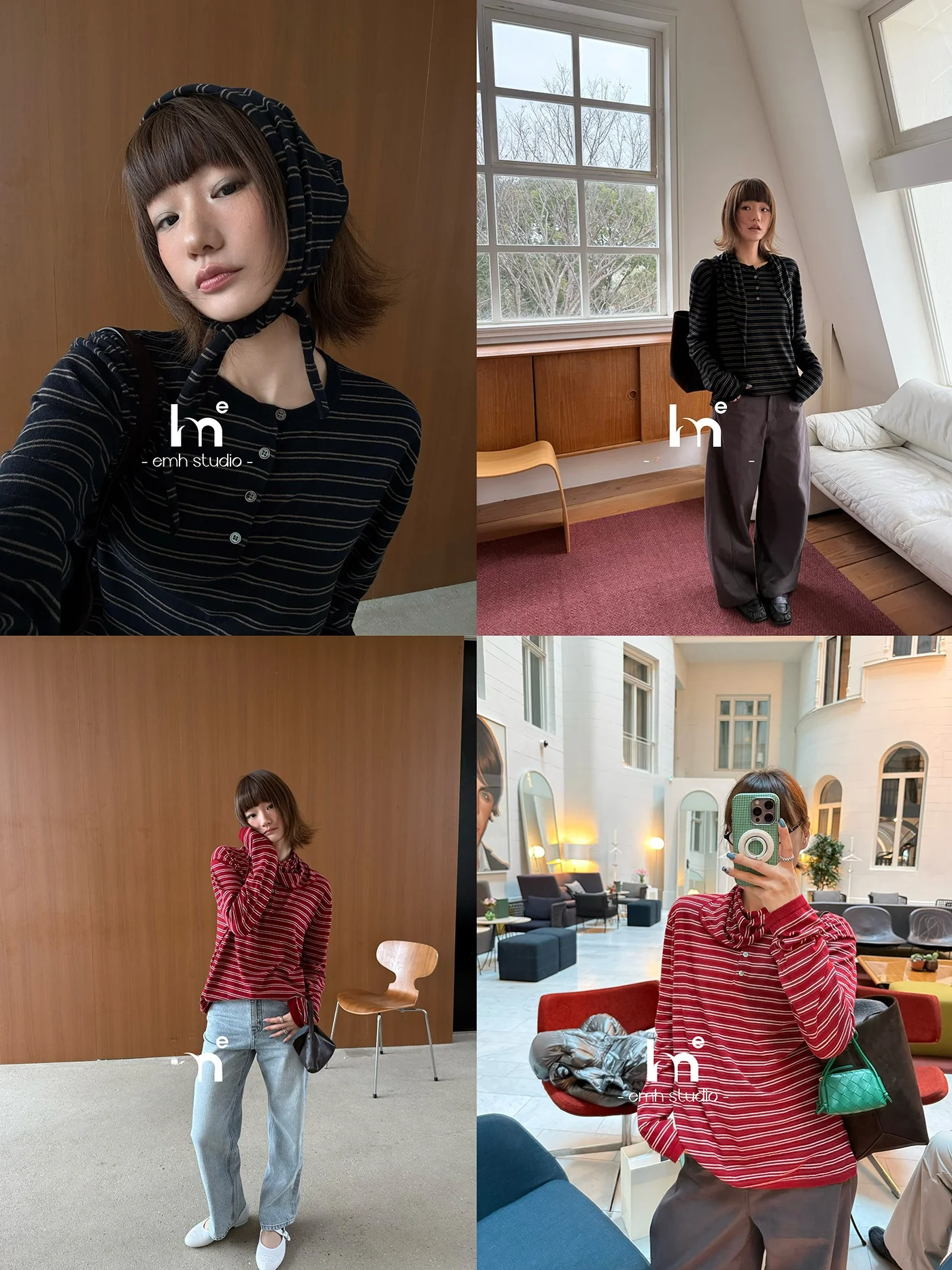 

EMH Long Sve Knitted Sweater Silk Wool Blend Soft Skin-friendly Stripe Pattern Comes with e Scarf Women's Loose Fit