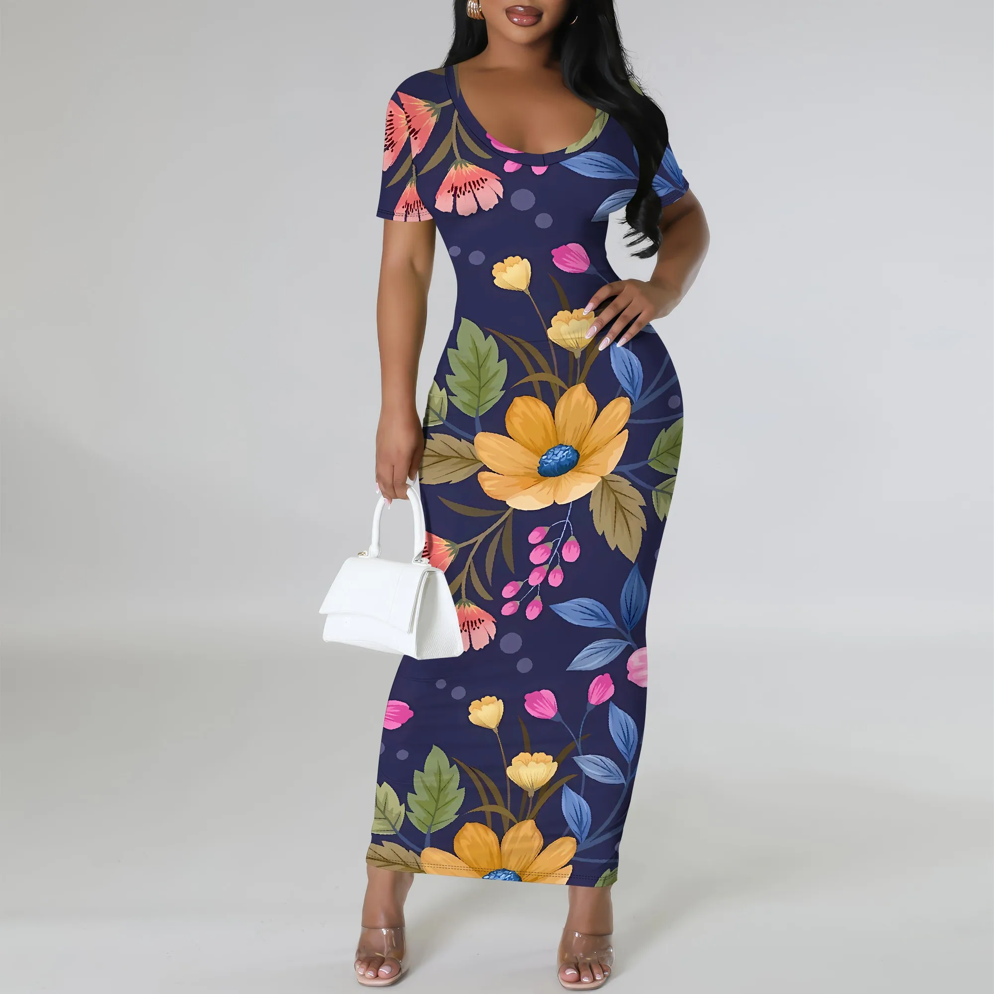 

Nupusa Floral Print Dress for Women Summer Casual Short Sleeve Maxi Dress