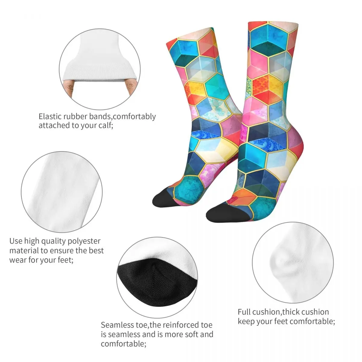 Crystal Bohemian Honeycomb Cubes - Colorful Hexagon Pattern Men's Socks Vintage Harajuku Street Style Novelty Seamless Crew Sock