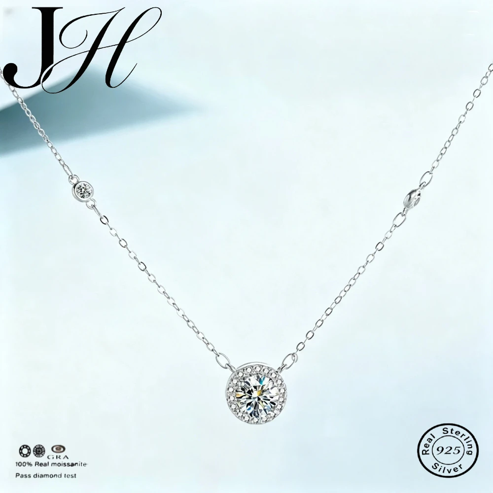 JH 1CT 925 Sterling Silver Moissanite Necklace For Women Round Pendant Bubble Necklace Collarbone Chain D VVS1 Fine Jewelry