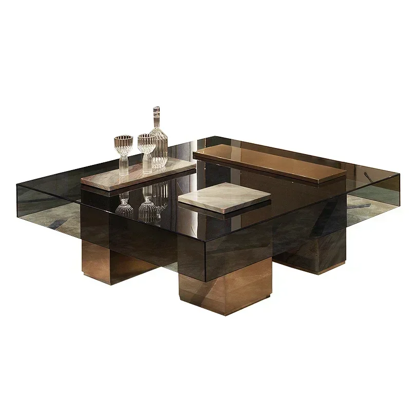 

FItalian Minimalist Designer Coffee Table Tempered Glass Square Pier Table Living Room Stainless Steel Tea Table