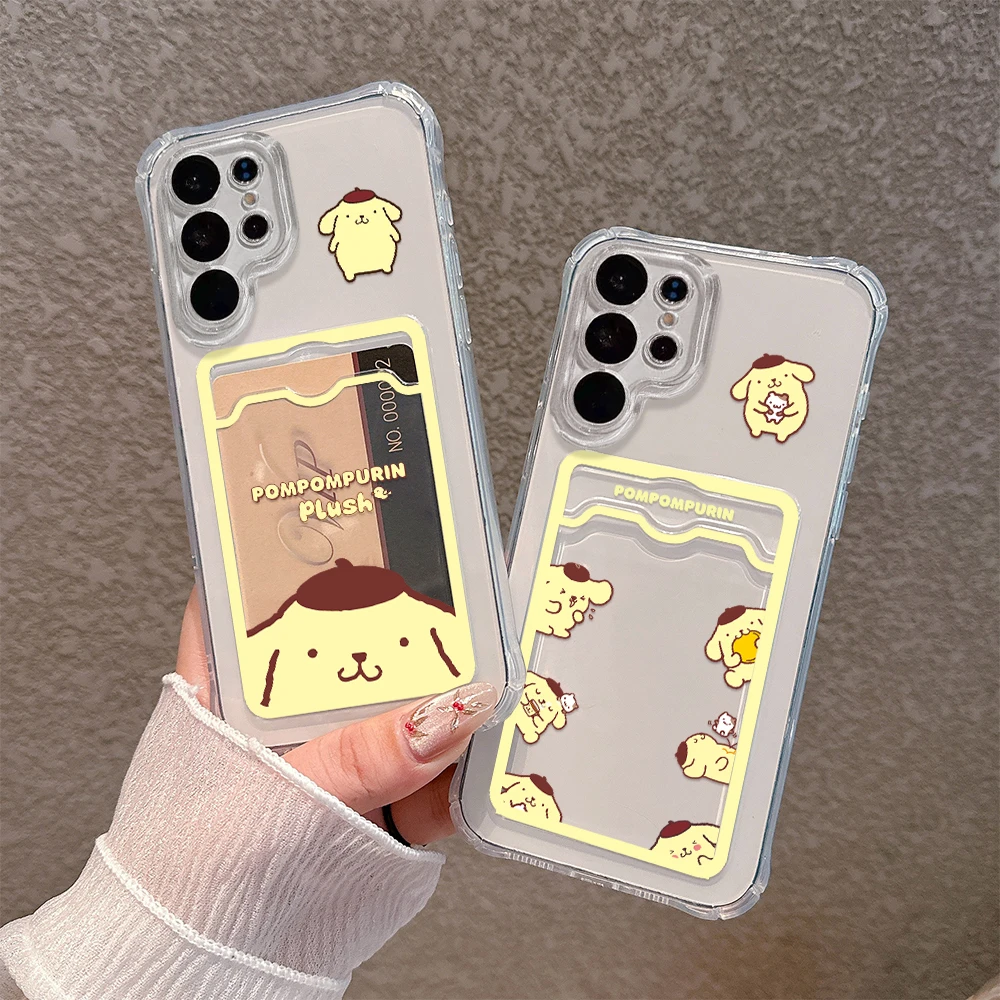 Cute Anime Pom Pom Purin Card Hold Phone Case For Samsung S24 S23 S22 S21 S20 FE Plus Ultra M33 M53 M54 5G Anti-fall Clear Cover