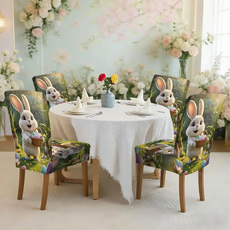 Flat print elastic dining chair cover set, white Easter bunny hand-held egg pattern, chair cover.