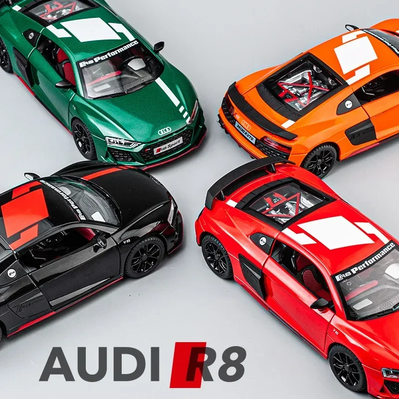 1:24 Audi R8 V10  Sports Car Model Diecast Metal Toy Sound and Light Children's Toys Collectible Ornament Gift for Children C163