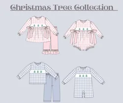 Baby Winter Long Sleeve T-shirt Set Round Neck Christmas Tree Embroidery Boy Blue Lattice Top Clothes And Pants Pink Girl Ropa