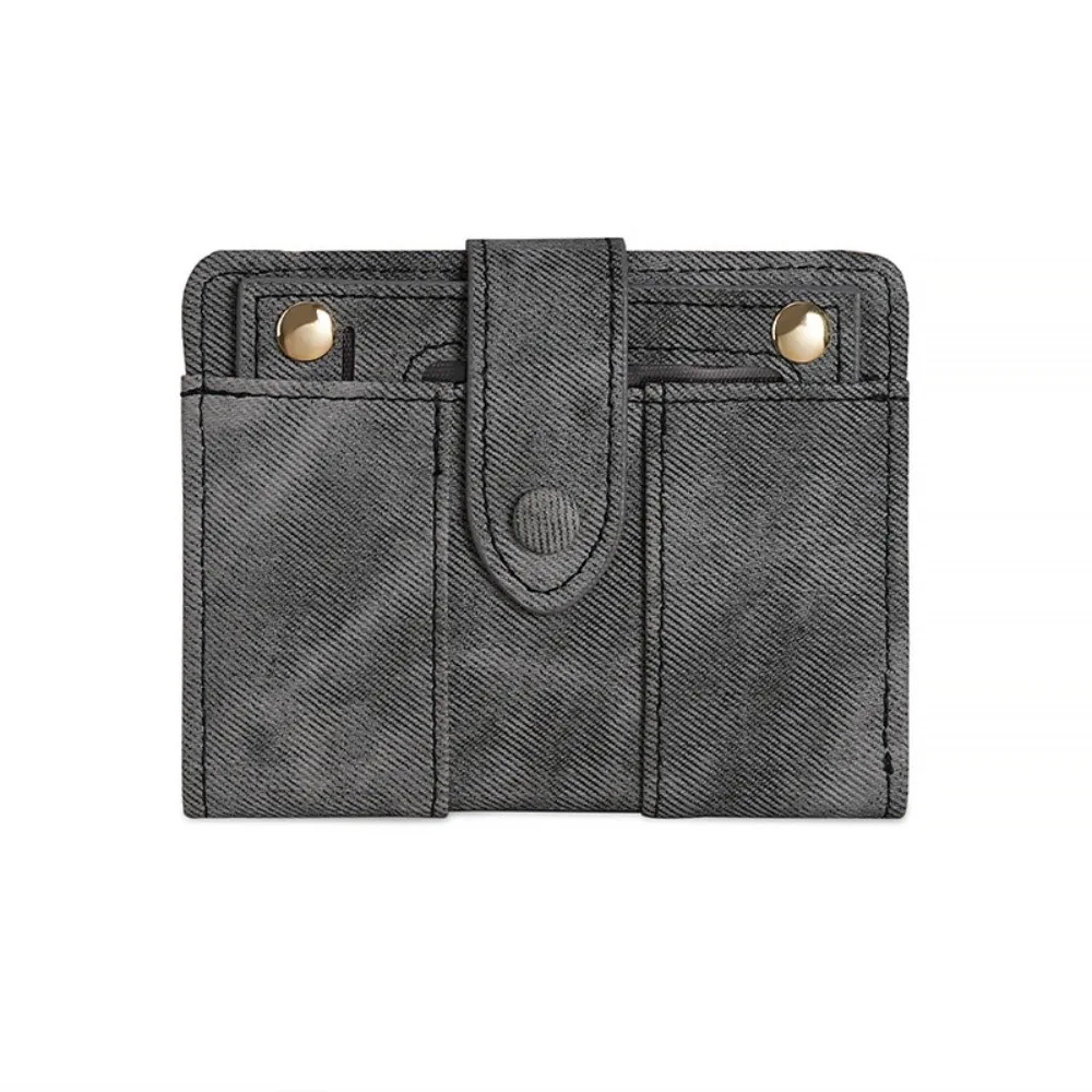 New PU Leather Bifold Wallet Snap Closure Denim Texture Card Holder Wallet Compact Size Zipper Pocket Short Purse Travel