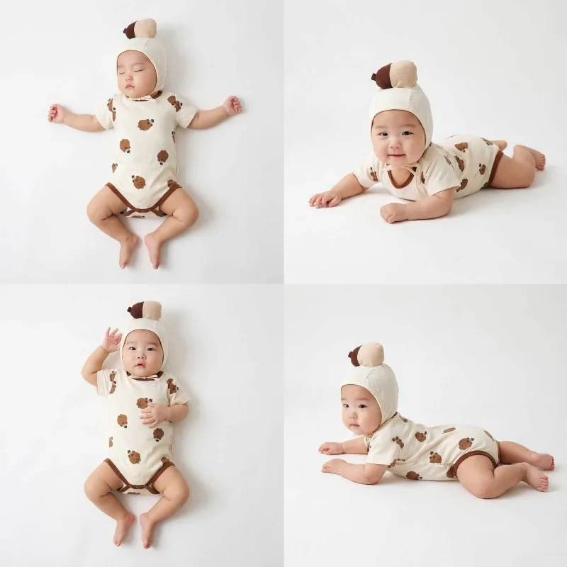 New Korean Version Onesie Set Short Sleeve Infant Clothes with Hat Summer New Baby Bodysuit Cotton Toddler Outfits