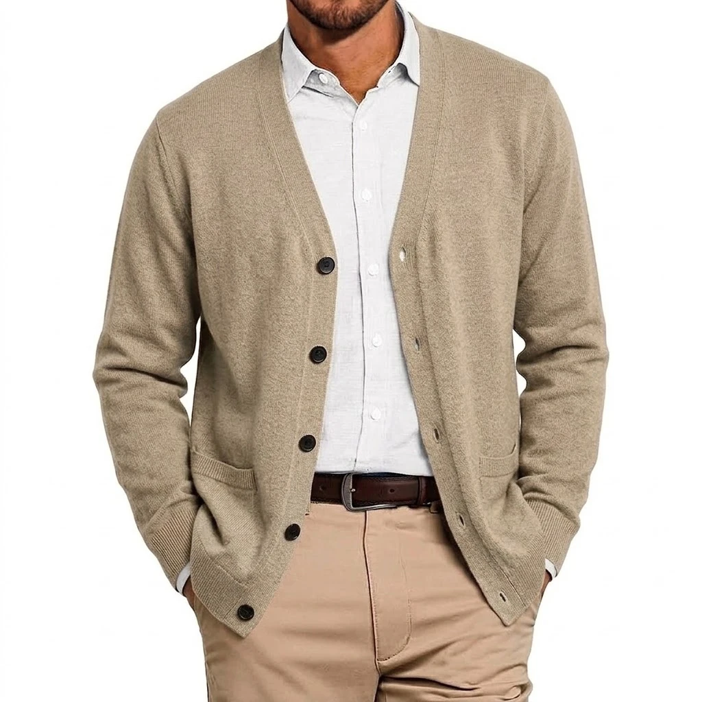 Herbst Herren V-Ausschnitt Strickjacke Pullover mit Knöpfen Langarm Strickpullover mit Taschen Lässiger Mantel Jacke für Männer – Detail 7