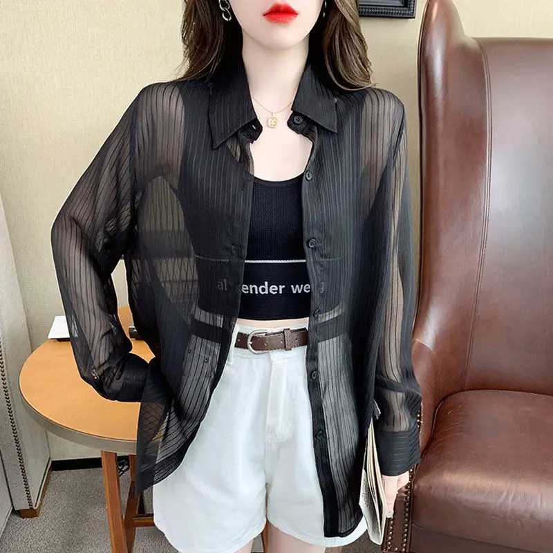 Black Top Elegant Chic Summer Blouse for Women Long Sleeve Transparent Youth Korean Fashion Casual Loose Women\'s Buttoned Shirts