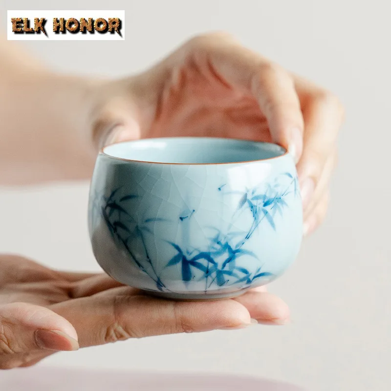 

150ML Hand-painted Blue Bamboo Teacup Retro Tea Bowl Single Cups Tea-tasting Fragrance Cup Jianzhan Master Cups Chinese Tea Set