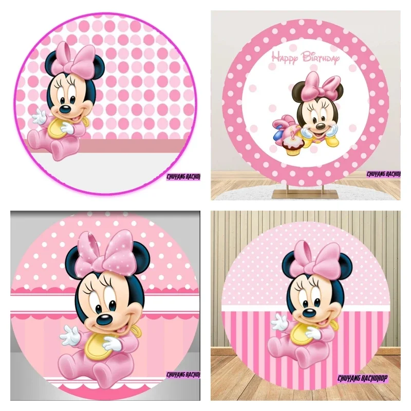 Pink Bow Tie New Born Minnie Mouse Disney Backdrop Baby Shower Birthday Baby Shower Party Decorations Round Fabric Background