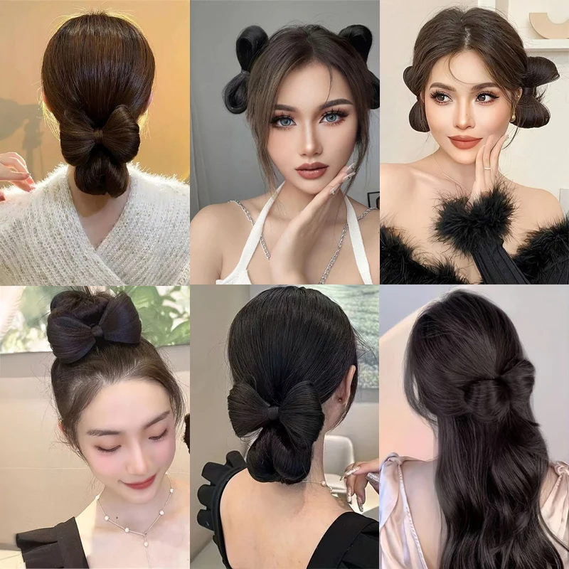 Bow Claw Synthetic Hair Bun Chignon Straight Hair Bun Updo Hairpiece Heat Resistant Fake Bowknot Styling Hair Accessories