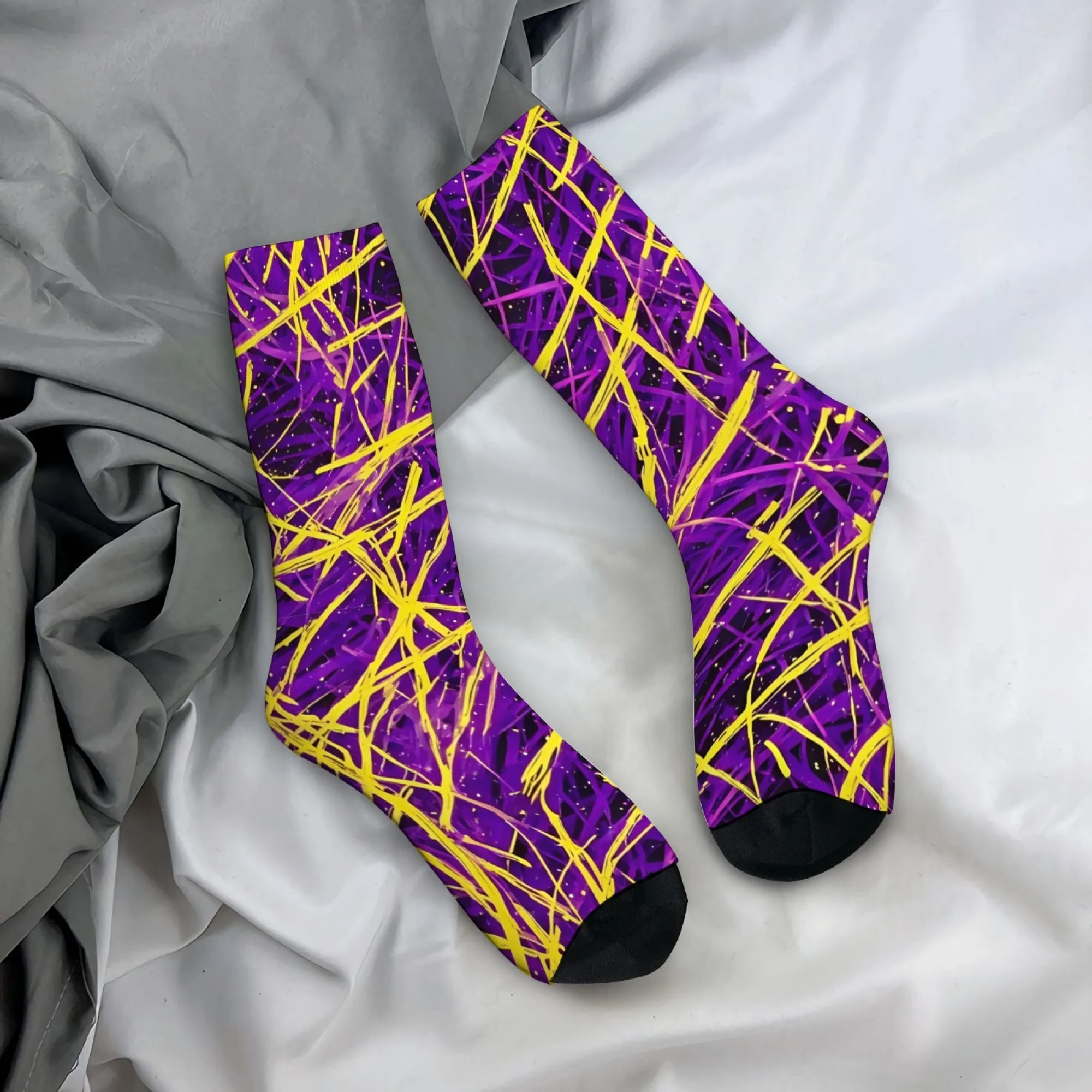 Fluorescent Trendy Abstract Line Mid-calf Socks Deep Purple Fashionable for Music Festivals Night Parties Breathable Comfortable