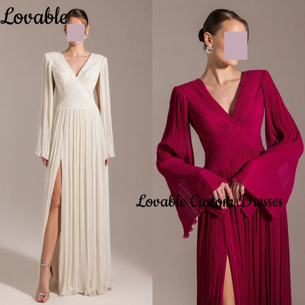 Elegante Abendkleider, individuell anpassbar, A-Linie, tiefer V-Ausschnitt, bodenlange Kleider für besondere Anlässe, lange Ärmel mit Reißverschluss, Vestidos De