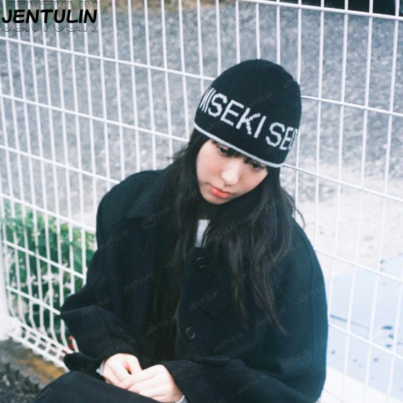 Punk Hip-Hop Letter Men's Hat Streetwear Harajuku Winter Knitted Women's Woolen Hat Y2K Gothic Retro Fashion Pullover Unisex