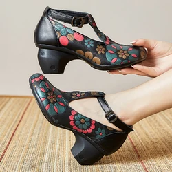 GKTINOO Pumps Women Shoes Genuine Leather Round Toe Printing 2024 New Autumn Retro Handmade Concise Comfortable Ladies Shoes