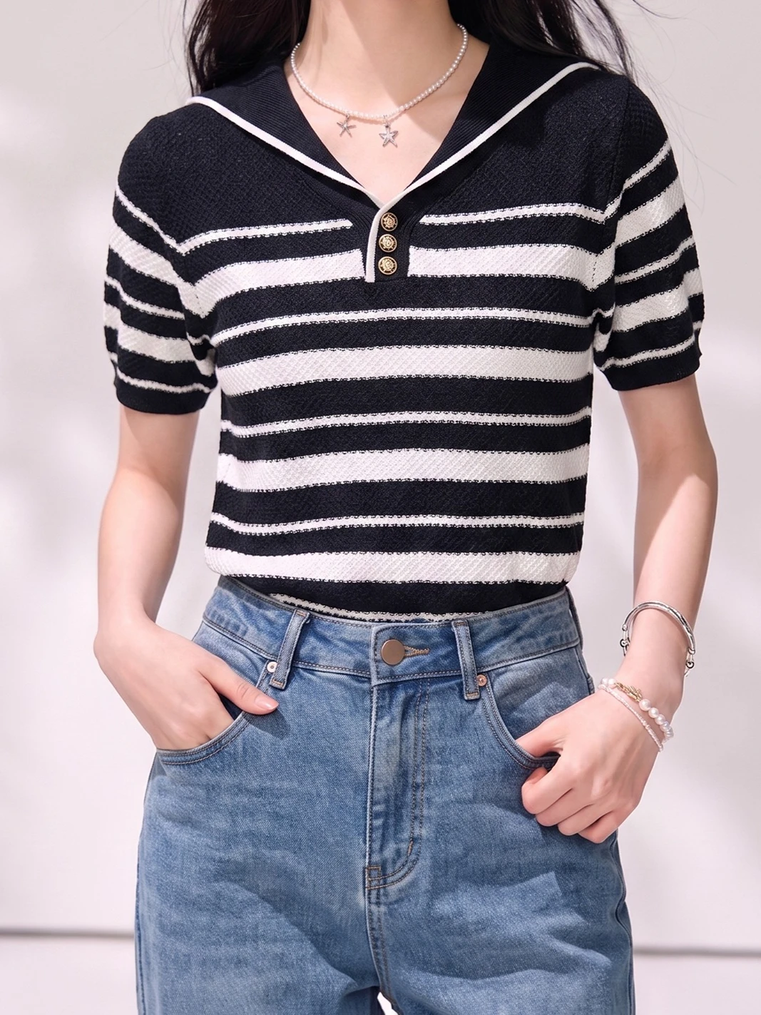 2026Retro Navy Collar Half-Placket Striped Short Sleeve T-Shirt Women's Summer Color Block Loose Minimalist Versatile Casual Top