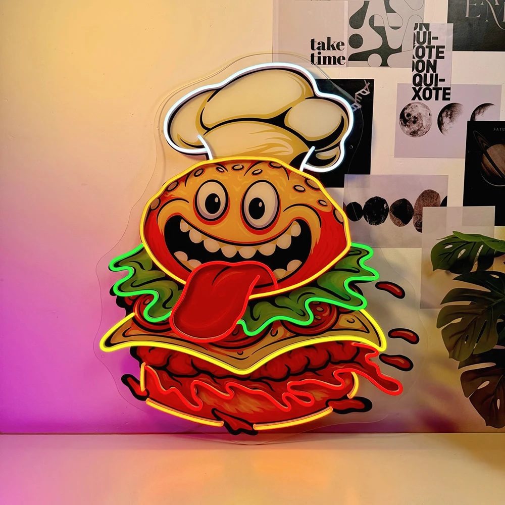 Funny Burger Chef Pop Art LED Sign Restaurant Kitchen Wall Decor Business Light Sign Fast Food Shop Decoration Night Light