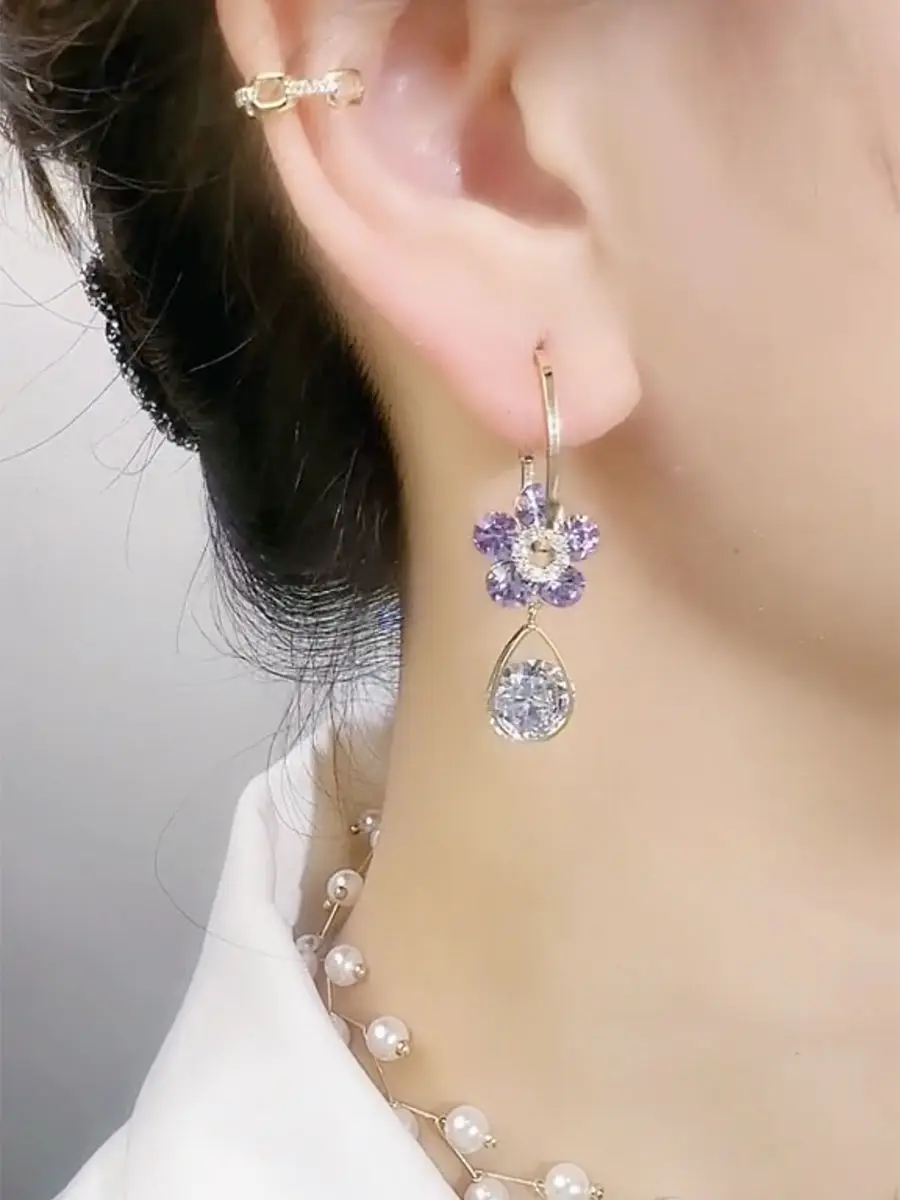 S925 Silver Needle Purple Blue Crystal Flower Drop Earrings 2024 Trendy Design Female Luxury Shining Zircon Earrings Wholesale