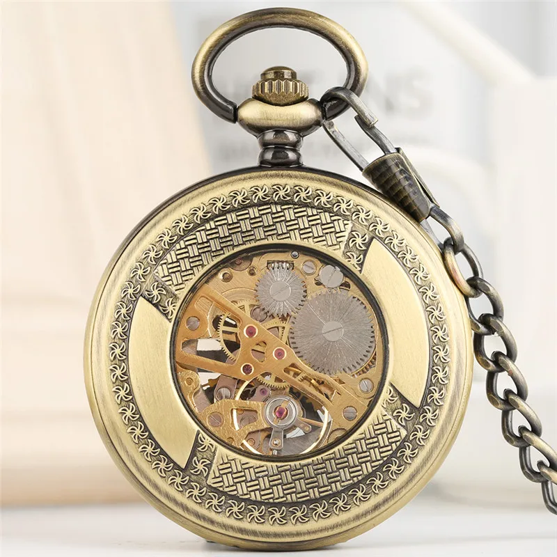 Mens Vintage Bronze Manual Mechanical Pocket Watch with Pocket Chain Pendant Clock Luminous Dial Half Hunter Timepiece Gift
