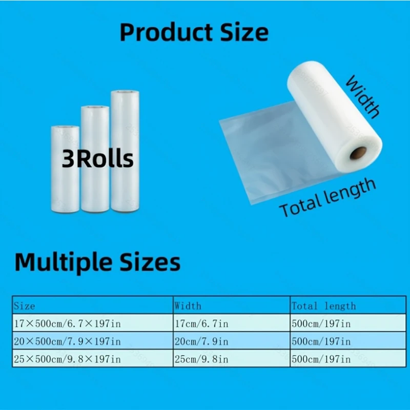 3 عبوات من أكياس الختم المكنسة الكهربائية (5 أمتار لكل منها) |   خالية من مادة BPA |   لتخزين المواد الغذائية، Sous Vide وإعداد الوجبات |   متوافق مع السدادات الكهربائية |   ف