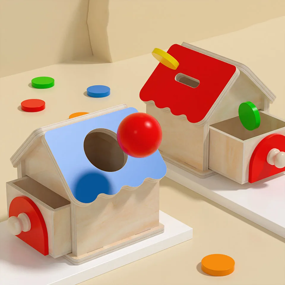 Wooden Puzzles Toys 2 in 1 Coin Ball Box House Set Game Object Permanence Box Hammer Box Macaron Toys Coin Ball Drum Drawer Box