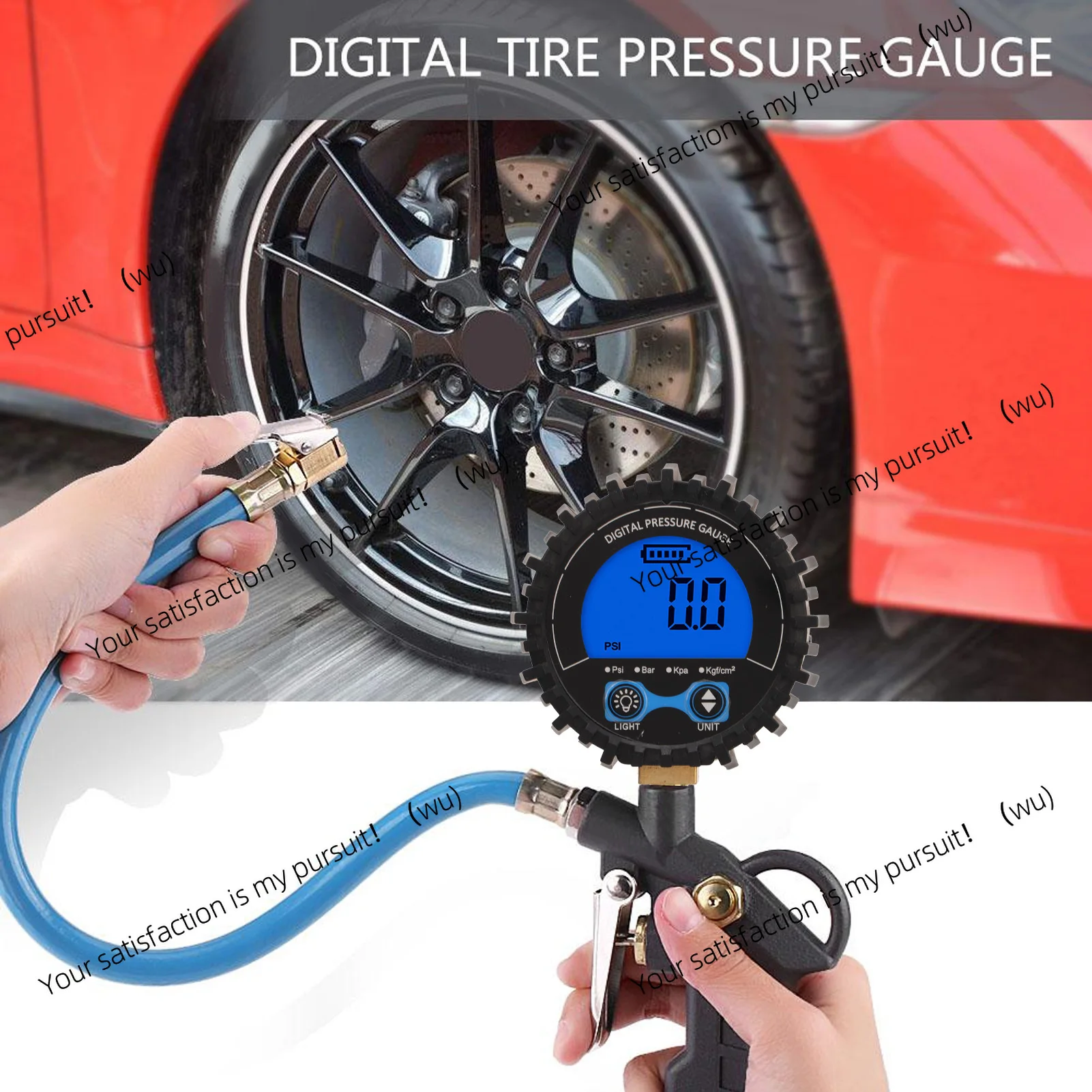 Digital Tire Pressure Gauge Tester LCD Display, Four Units 3.200PSI/M11x1 Thread, Blue Backlight