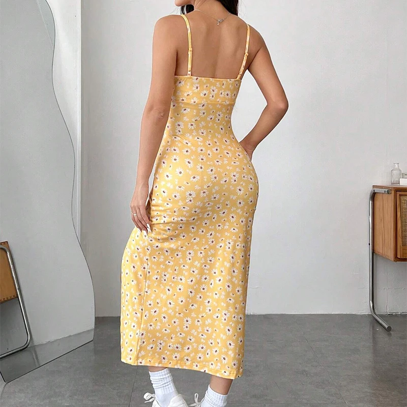 Vintage fenda deslizamento verão praia vestido casual flores impressão sem mangas vestido feminino sexy sem costas longo amarelo azul vestidos femininos