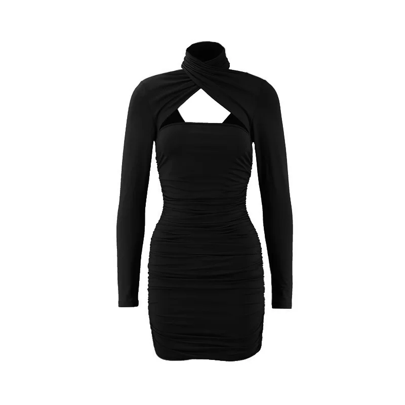 2025年新作セクシーなスパイスガールズ風ホルターネッククロスストラップミニドレス長袖ボディコンショートドレス女性用サマーウェア