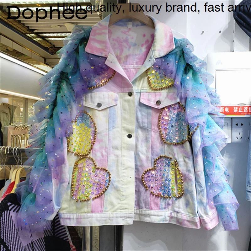 

New 2023 Spring Sequined Rivet Personality Sequin Gauze Contrast Color Tie-Dyed Denim Jacket Women Jean Coats Street