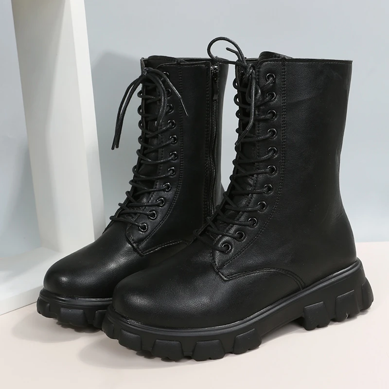 Women's Plus Size Lightweight Lace‑Up Combat Boots Side Zipper Platform Thick Sole Autumn Winter Casual Faux Leather Ankle Boots