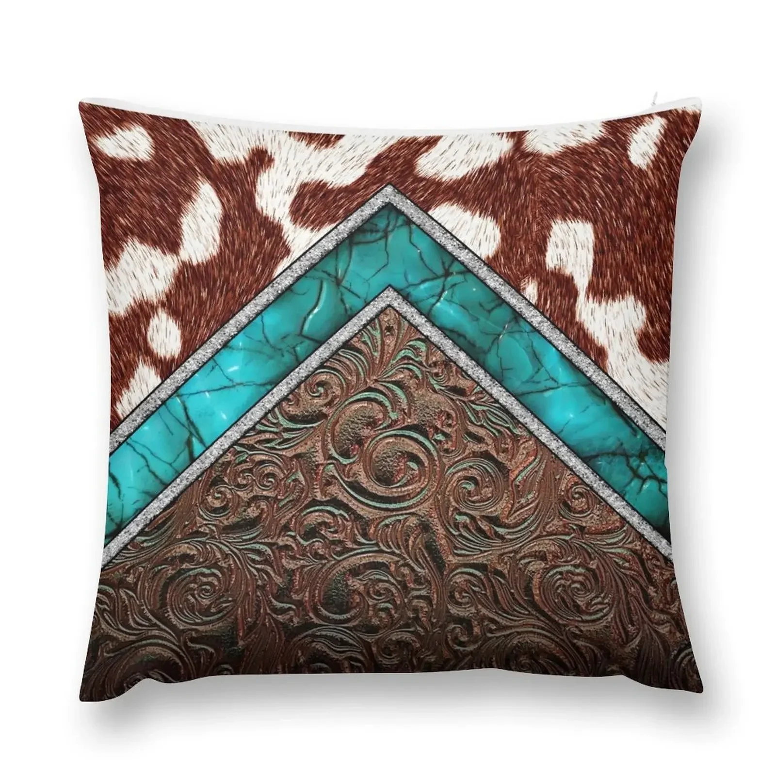 

Western Cowgirl Pattern Cowhide Turquoise and Tooled Leather Throw Pillow Marble Cushion Cover luxury decor pillow