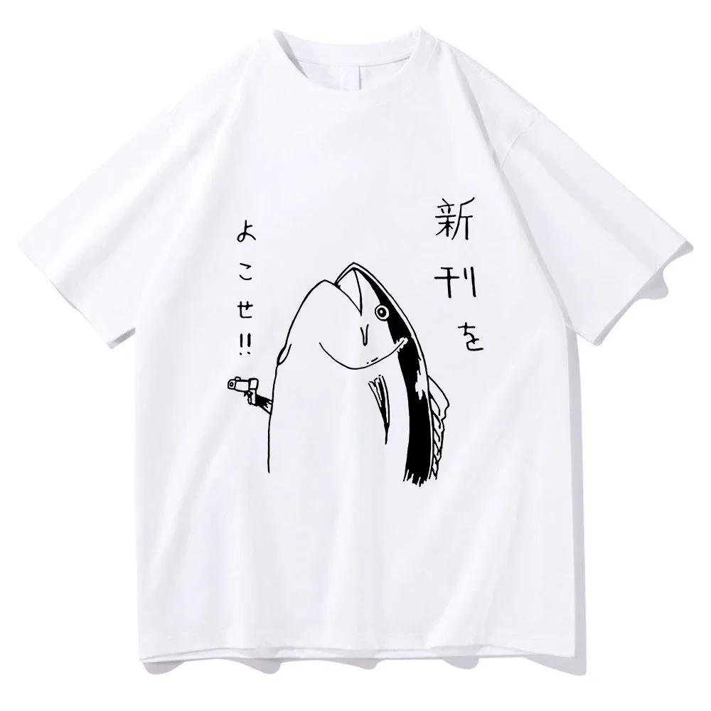 

Fun Japanese fish gun T-shirt for men in summer 2025, 100% pure cotton clothing with Harajuku pattern print, y2k top