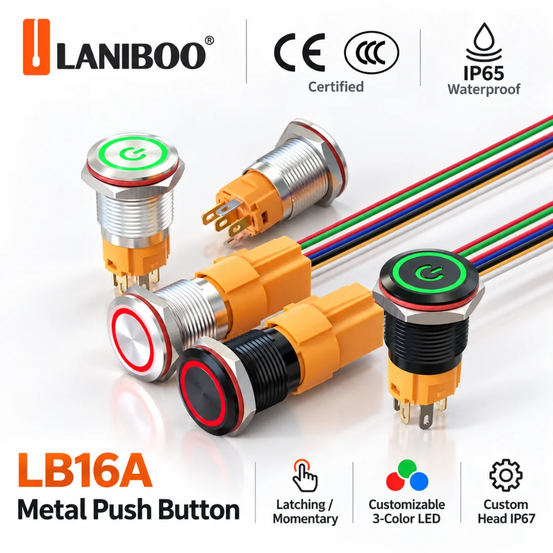 LANBOO 16mm Big Push Button Switch Ring LED Dual LED 12V24V220V Momentary/Latching