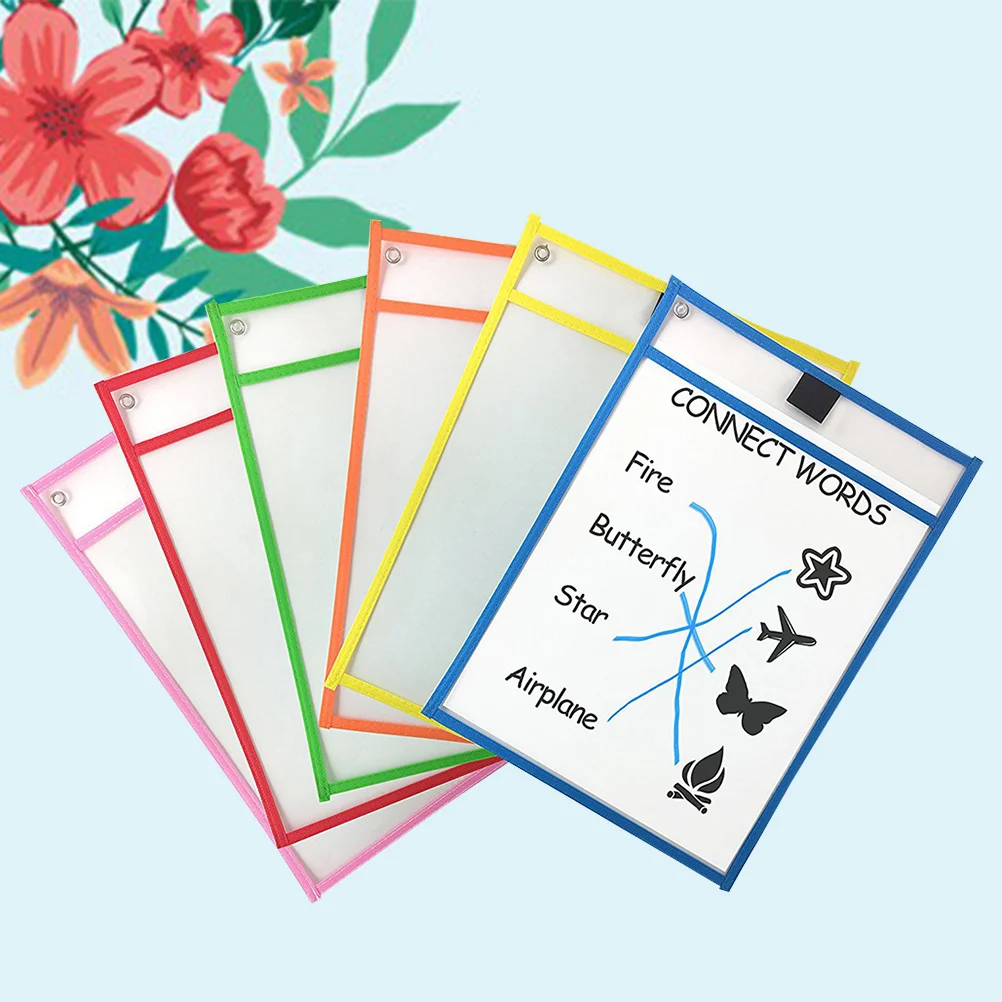 Bolsillos de borrado en seco de PVC transparente, fundas de bolsillo reutilizables de doble cara, soporte para marcadores, ojal de Metal, papelería colgante para oficina, 6 uds.