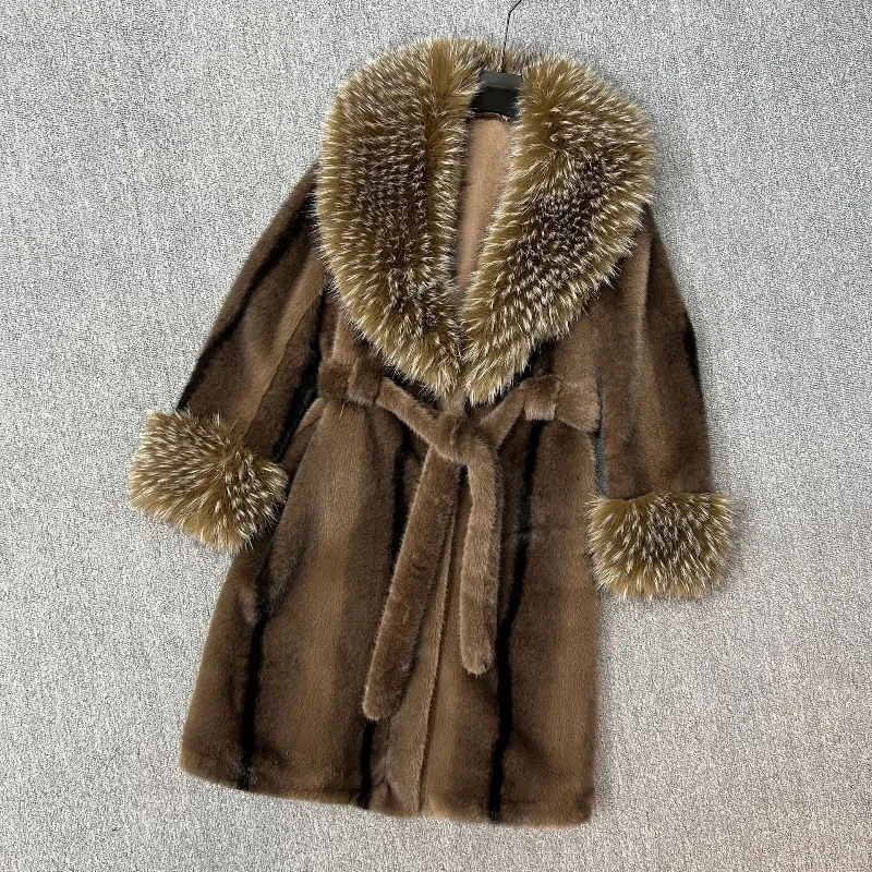 Autumn Winter New Woolen Coat Women's Fashion Warm Long Faux Mink Fur Large Furry Collar Jacket Long Sleeves Elegant Warm Top
